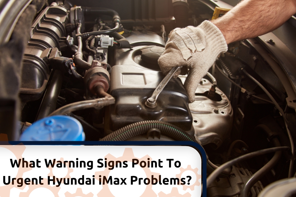 A mechanic with a gloved hand uses a wrench to work on the engine of a Hyundai iMax, highlighting maintenance checks.