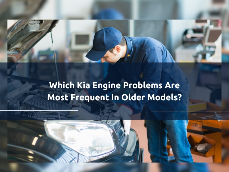 Mechanic diagnosing Kia engine problems in an older car model in an auto repair shop.